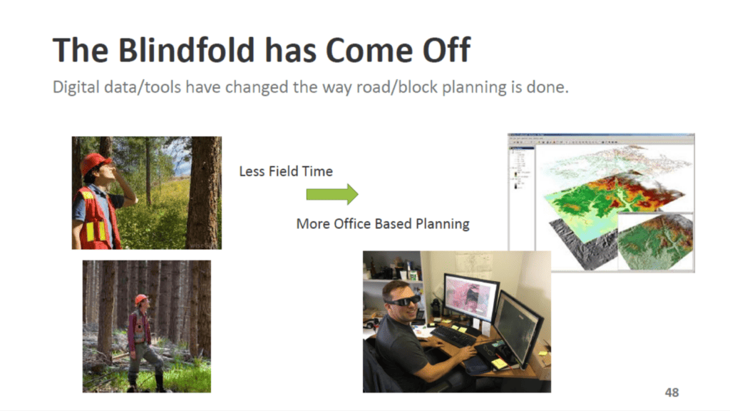 A slide about how technology has contributed to safety in forestry from a presentation created by Cam Brown titled "Maximizing Value from LiDAR Investments."